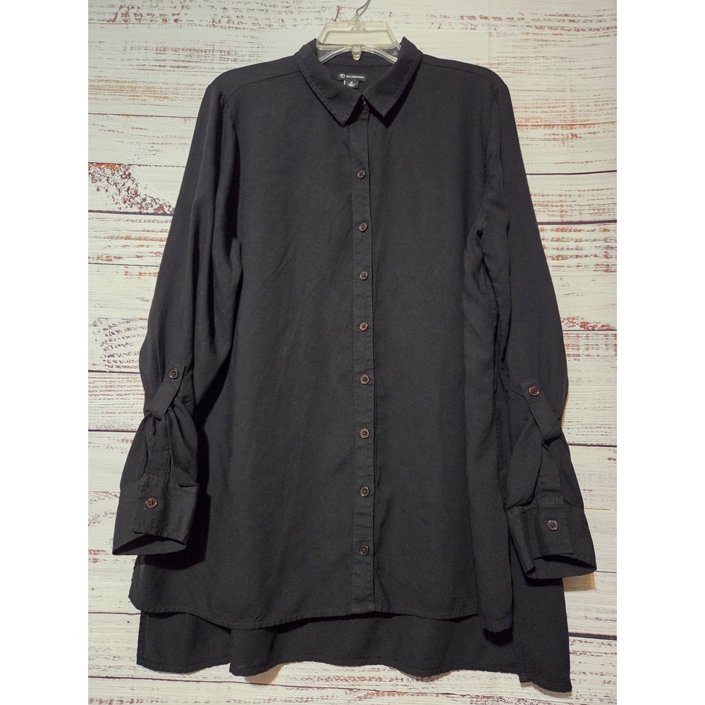 New Directions Womens XL Black Rayon Roll Tab Sleeve High Low Button Down Tunic